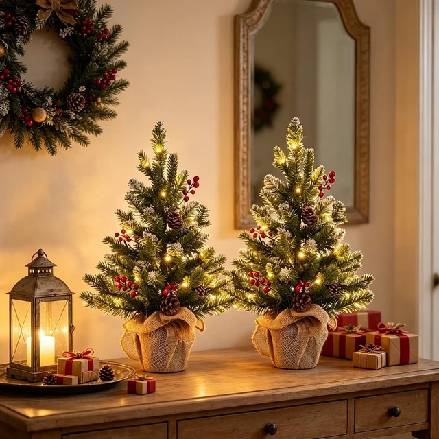 Alt view image 6 of 7 - 2 FT Mini Christmas Tree, Set of 2 24" PE Prelit Small Artificial Tabletop Snow Flocked Christmas Trees Decor with 20 Lights Timer, Outdoor Indoor Porch Table Xmas Christmas Decorations