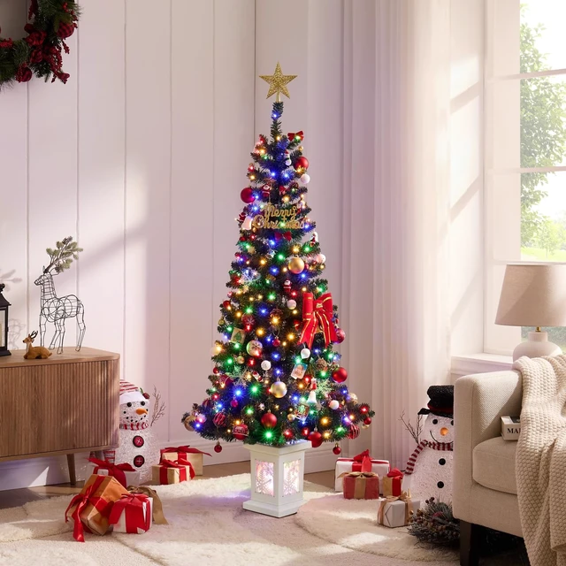 Alt view image 2 of 7 - 5FT Small Christmas Tree, Artificial Christmas Tree with 130 Colorful Lights & Lighting Base, Prelit Christmas Tree for Home & Office Xmas Decor with 10 Modes Lighting, Timer Operated Operated