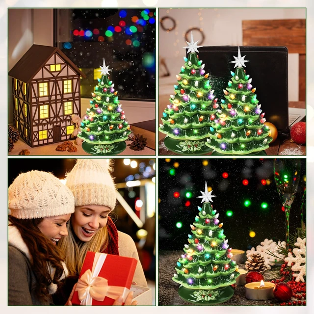 Alt view image 5 of 5 - 15 Inch Ceramic Christmas Tree with 66 Multicolored Lights Hand Painted Tabletop Christmas Tree Vintage Xmas Decorations for Table Desk Countertop Mantel Home Office(Green)