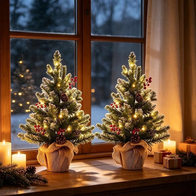 Alt view image 7 of 7 - 2 FT Mini Christmas Tree, Set of 2 24" PE Prelit Small Artificial Tabletop Snow Flocked Christmas Trees Decor with 20 Lights Timer, Outdoor Indoor Porch Table Xmas Christmas Decorations