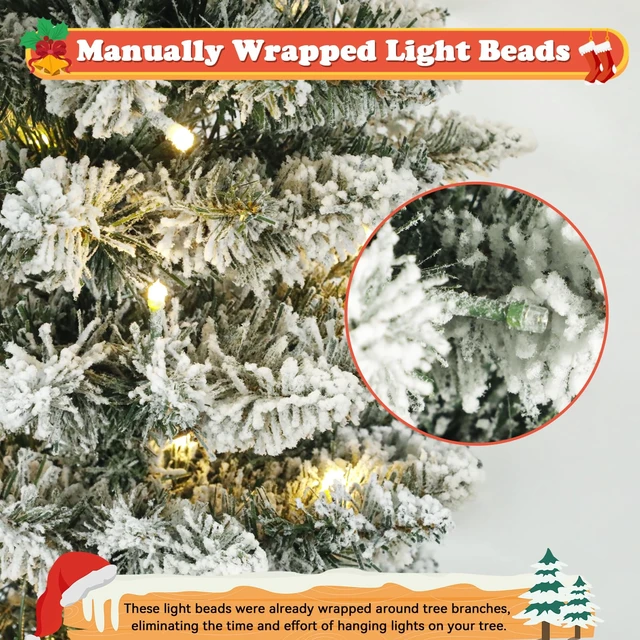 Alt view image 3 of 6 - 5ft Snow Flocked Christmas Tree Pre-Lit with Warm Lights, White Frosted Pencil Noble Fir, Lighted Slim Artificial Xmas Tree Metal Stand, Premium Holiday Decoration UL Listed