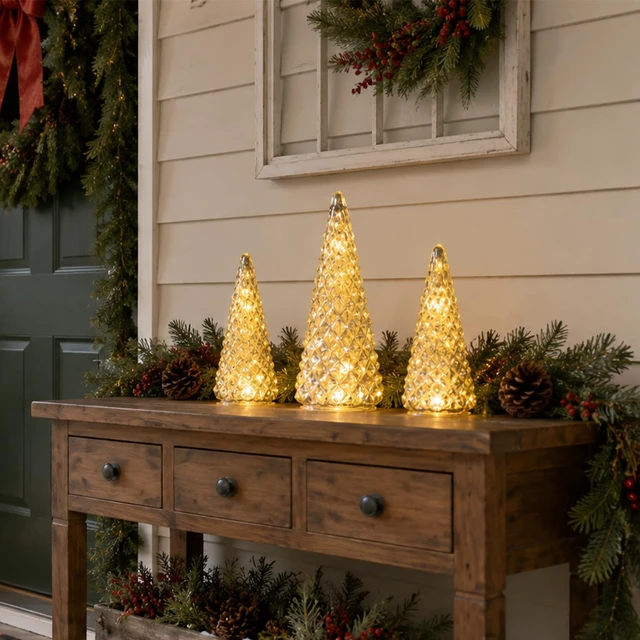 Alt view image 6 of 7 - Christmas Decorations Indoor, YEAHOME Set of 3 Pre-lit Gold Glass Christmas Tree for Home Decor, Christmas Table Decorations Lighted Xmas Tree with Timer for Living Room Mantel Tabletop Party