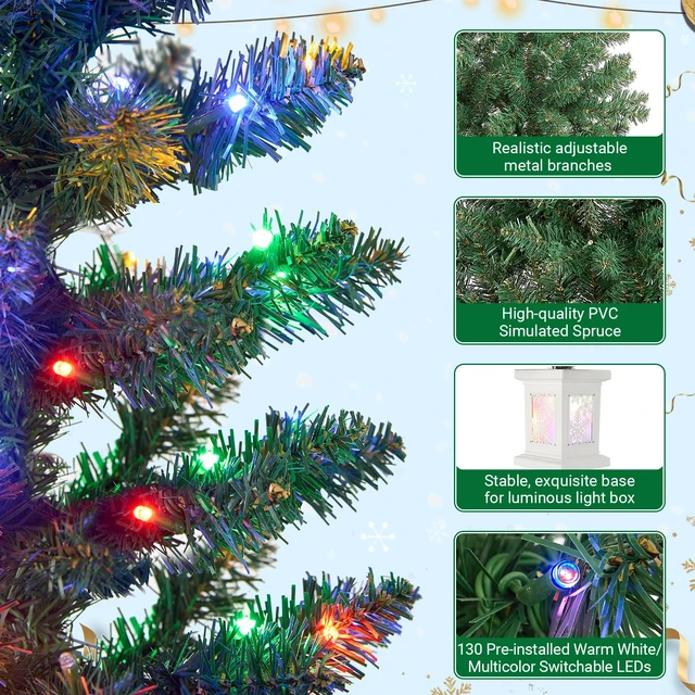 Alt view image 3 of 7 - 5FT Small Christmas Tree, Artificial Christmas Tree with 130 Colorful Lights & Lighting Base, Prelit Christmas Tree for Home & Office Xmas Decor with 10 Modes Lighting, Timer Operated Operated