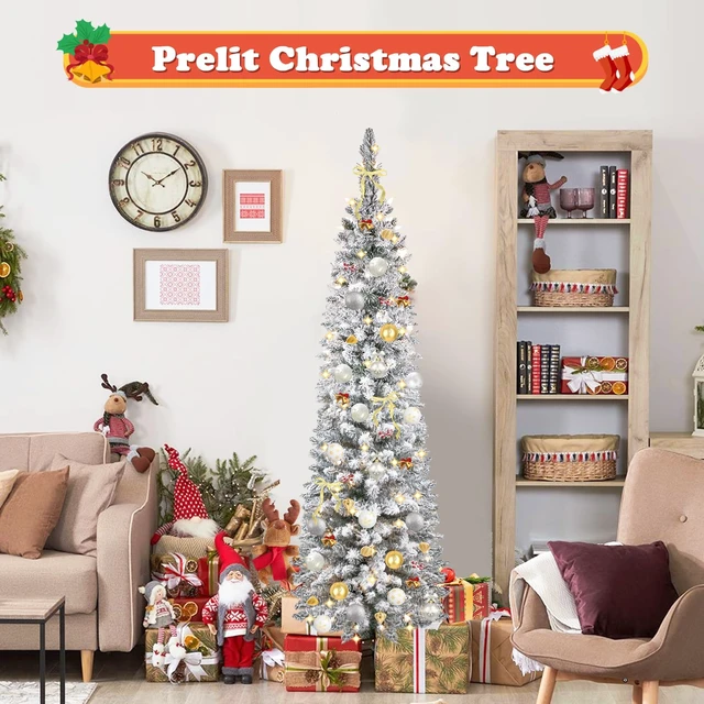 Alt view image 4 of 6 - 5ft Snow Flocked Christmas Tree Pre-Lit with Warm Lights, White Frosted Pencil Noble Fir, Lighted Slim Artificial Xmas Tree Metal Stand, Premium Holiday Decoration UL Listed