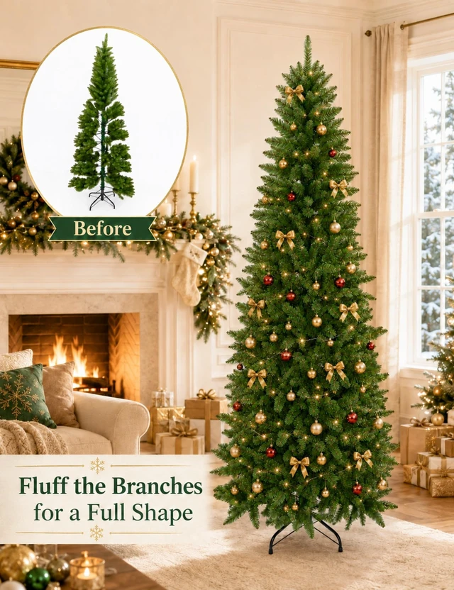 Alt view image 3 of 6 - 7ft Artificial Pencil Slim Christmas Tree, Includes Metal Stand, Kingswood Fir, Easy Assembly with Hinge