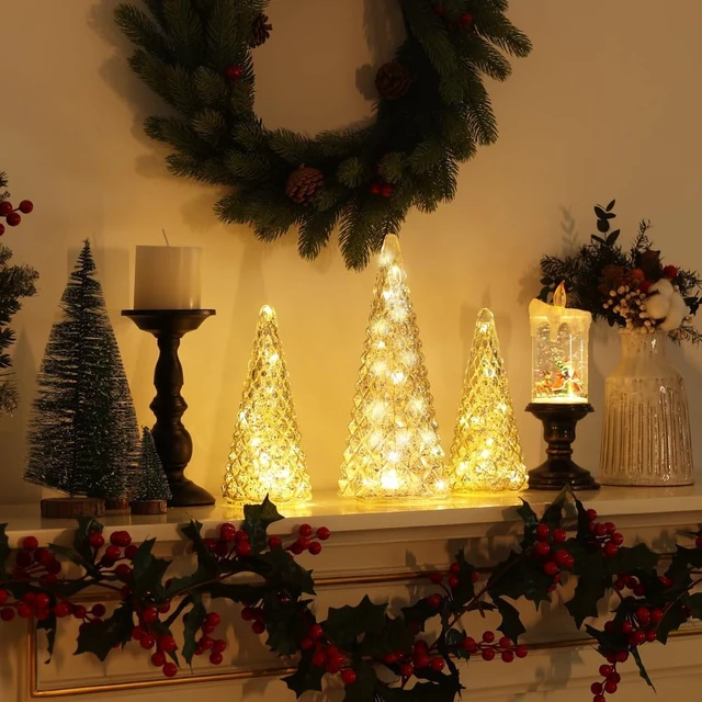 Alt view image 7 of 7 - Christmas Decorations Indoor, YEAHOME Set of 3 Pre-lit Gold Glass Christmas Tree for Home Decor, Christmas Table Decorations Lighted Xmas Tree with Timer for Living Room Mantel Tabletop Party