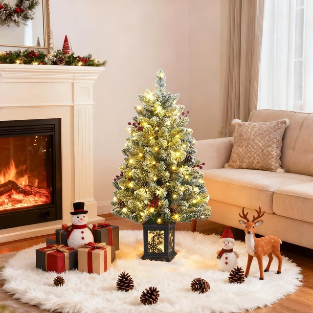 Alt view image 2 of 6 - 3 Ft Pre-Lit Christmas Tree, Frosted Artificial Christmas Tree with 78 Led Lights,8-Mode Battery Box,Timer Battery,Red Berry,Christmas Decoration for Home,Office,Fireside,Easy Installation