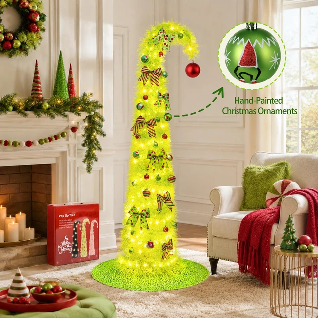 Alt view image 7 of 7 - 6FT Whimsical Pop-Up Christmas Tree with Lights Tree Skirt for Decorations
Collapsible Curved Tinsel Pencil Tree with 200 LED Lights Ball Ornaments Bows for Apartments Porch Party Home XMAS Decor