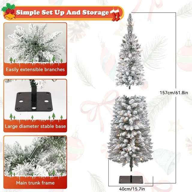 Alt view image 6 of 6 - 5ft Snow Flocked Christmas Tree Pre-Lit with Warm Lights, White Frosted Pencil Noble Fir, Lighted Slim Artificial Xmas Tree Metal Stand, Premium Holiday Decoration UL Listed
