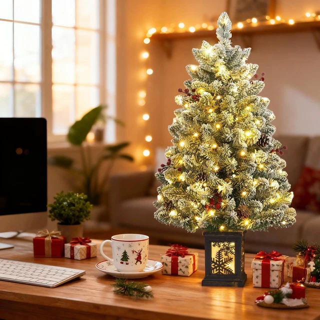 Alt view image 4 of 6 - 3 Ft Pre-Lit Christmas Tree, Frosted Artificial Christmas Tree with 78 Led Lights,8-Mode Battery Box,Timer Battery,Red Berry,Christmas Decoration for Home,Office,Fireside,Easy Installation