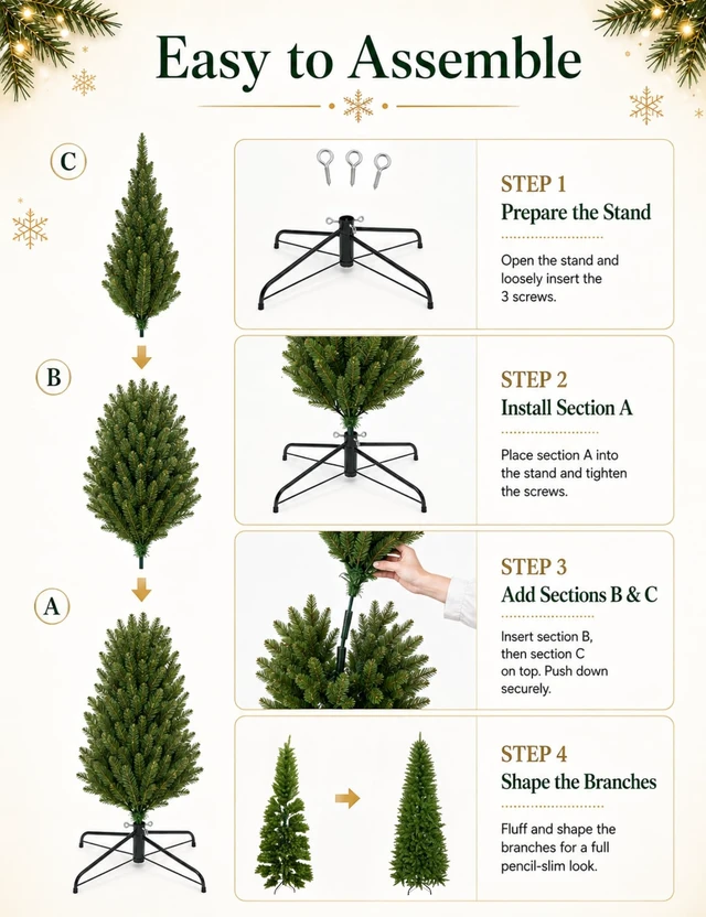 Alt view image 6 of 6 - 7ft Artificial Pencil Slim Christmas Tree, Includes Metal Stand, Kingswood Fir, Easy Assembly with Hinge
