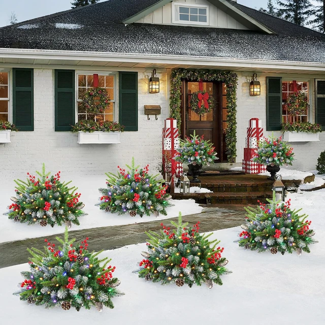 Alt view image 6 of 7 - 2 Set Prelit Artificial Christmas Urn Filler With Remote for Planter Decor
18 IN Outdoor Christmas Tree, 5 Timer Modes, 8 Lighting Modes, 50 Multi-Color Lights, Battery Operated for Xmas Decorations