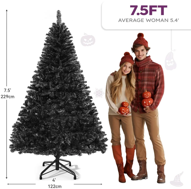 Alt view image 5 of 7 - 7.5ft Black Artificial Christmas Tree Halloween Spruce
Hinged Christmas Tree for Home, Office, Party Decoration w/ 1258 Branch Tips and Metal Hinges & Foldable Base