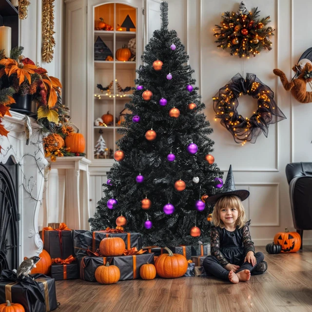 Alt view image 6 of 7 - 7.5ft Black Artificial Christmas Tree Halloween Spruce
Hinged Christmas Tree for Home, Office, Party Decoration w/ 1258 Branch Tips and Metal Hinges & Foldable Base