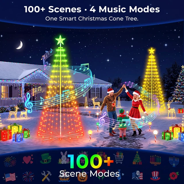 Alt view image 4 of 7 - 6ft DIY Outdoor Christmas Trees for Yard with 47 Prelit Lights 265 LED Christmas Tree Lights Color Changing Sync Musical APP & Remote Control Christmas Tree Light Show for Multicolor Decorations