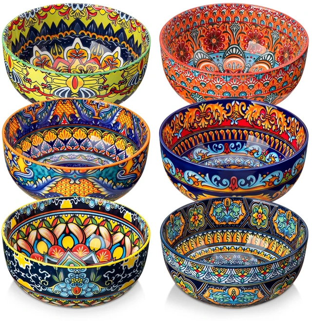 Main image of Cereal Bowls Set of 6, 28oz Porcelain Soup Bowls, Colorful
Bowls for Eating, Bohemian Ceramic Bowls for Salad, Fruit, Pasta, Microwave & Dishwasher Safe Bowls Set, KRVI Series