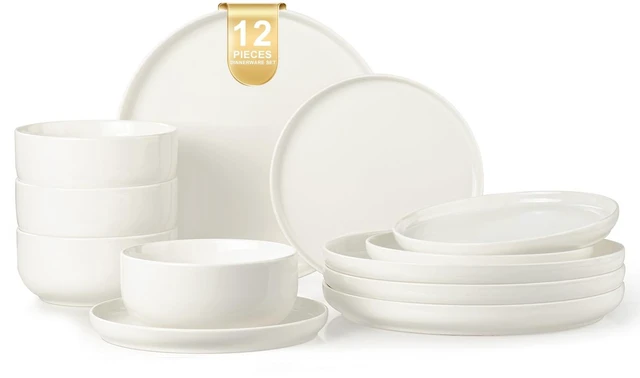 Main image of Plates and Bowls Sets, 12 Pieces Ceramic Dinnerware Set for 4, Stoneware Dishware Dishes Set, Scratch Resistant Dishes Set, Dishwasher & Microwave Safe, White