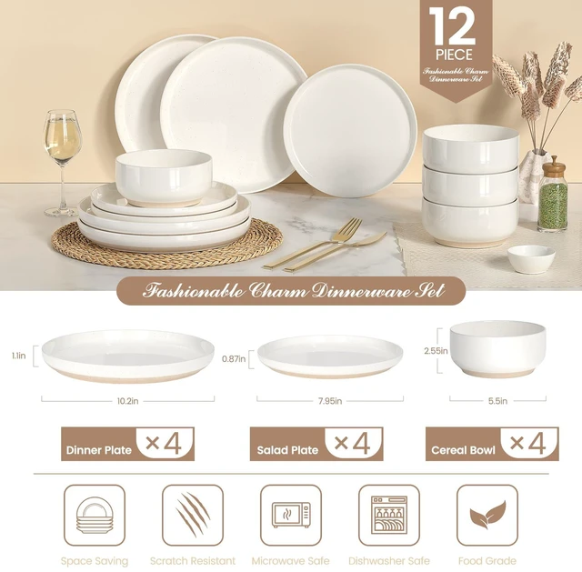 Alt view image 2 of 7 - Dinnerware Set for 4, 12 Pieces Plates and Bowls Set