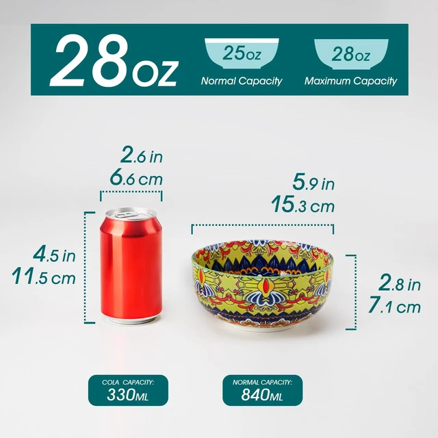 Alt view image 2 of 7 - Cereal Bowls Set of 6, 28oz Porcelain Soup Bowls, Colorful
Bowls for Eating, Bohemian Ceramic Bowls for Salad, Fruit, Pasta, Microwave & Dishwasher Safe Bowls Set, KRVI Series