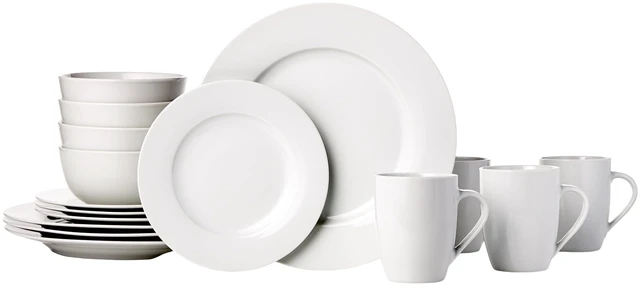 Main image of 16-Piece Porcelain Dinnerware Set, Microwave and Dishwasher Safe, Service for 4, Plates, Bowls and Mugs, White