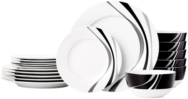 Main image of 18-Piece Complete Kitchen Dinnerware Set, Microwave and Dishwasher Safe, Plates, Dishes, Bowls, Swirl, Heat Resistant, Service for 6, Everyday Use