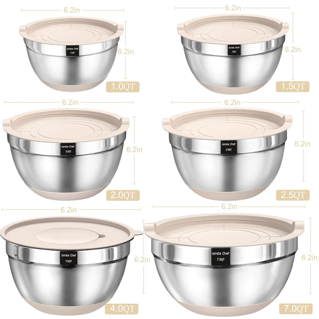 Alt view image 2 of 7 - Mixing Bowls with Airtight Lids Set, 26PCS Stainless Steel Khaki Bowls with Grater Attachments, Non-Slip Bottoms & Kitchen Gadgets Set, Size 7, 4, 2.5, 2.0,1.5, 1QT, Great for Mixing & Serving