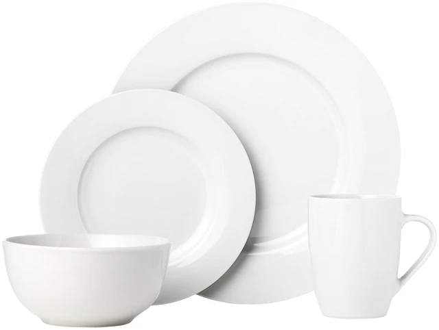 Alt view image 2 of 6 - 16-Piece Porcelain Dinnerware Set, Microwave and Dishwasher Safe, Service for 4, Plates, Bowls and Mugs, White