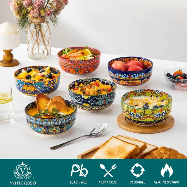 Alt view image 4 of 7 - Cereal Bowls Set of 6, 28oz Porcelain Soup Bowls, Colorful
Bowls for Eating, Bohemian Ceramic Bowls for Salad, Fruit, Pasta, Microwave & Dishwasher Safe Bowls Set, KRVI Series