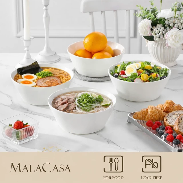 Alt view image 3 of 7 - 60 OZ Large Salad Soup Bowls Set of 4, White Ceramic Bowls
Deep Bowls for Kitchen, Family Salad, Ramen, Pasta, Pho, Fruit, Microwave & Dishwasher Safe Gift Set, Series REGULAR