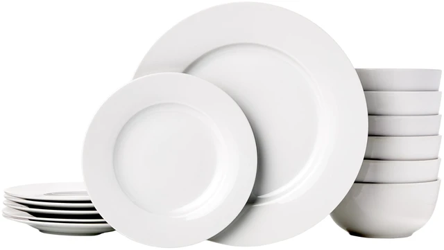 Main image of Porcelain Dinnerware Set, Microwave and Dishwasher Safe, Service for 6, 18-Piece, Plates, Bowls, White