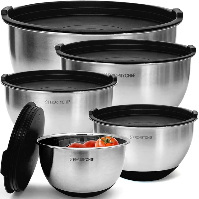 Main image of Mixing Bowls with Airtight Lids Set, Thicker Stainless Steel, Black
1.5-5 Qt Metal Nesting Bowls with Non-Slip Base that are Ideal For Baking, Serving and Storing in the Kitchen