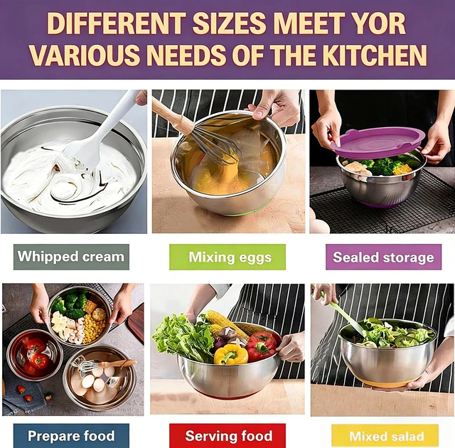 Alt view image 4 of 7 - Thickened Heavy-Duty 26pcs Stainless Steel Bowl, Mixing Bowl Set with Lid, Grater Attachment, Colorful Non-Slip Bottom and Kitchen Gadget Set, Sizes 7, 4, 2.5, 2.0, 1.5, 1QT