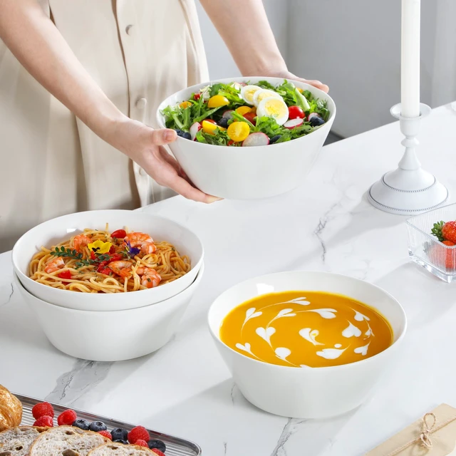 Alt view image 5 of 7 - 60 OZ Large Salad Soup Bowls Set of 4, White Ceramic Bowls
Deep Bowls for Kitchen, Family Salad, Ramen, Pasta, Pho, Fruit, Microwave & Dishwasher Safe Gift Set, Series REGULAR