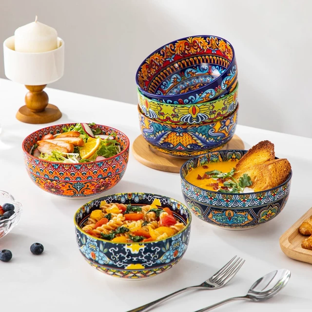 Alt view image 6 of 7 - Cereal Bowls Set of 6, 28oz Porcelain Soup Bowls, Colorful
Bowls for Eating, Bohemian Ceramic Bowls for Salad, Fruit, Pasta, Microwave & Dishwasher Safe Bowls Set, KRVI Series