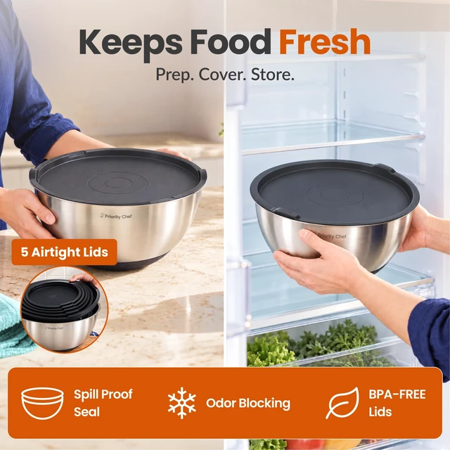 Alt view image 3 of 7 - Mixing Bowls with Airtight Lids Set, Thicker Stainless Steel, Black
1.5-5 Qt Metal Nesting Bowls with Non-Slip Base that are Ideal For Baking, Serving and Storing in the Kitchen