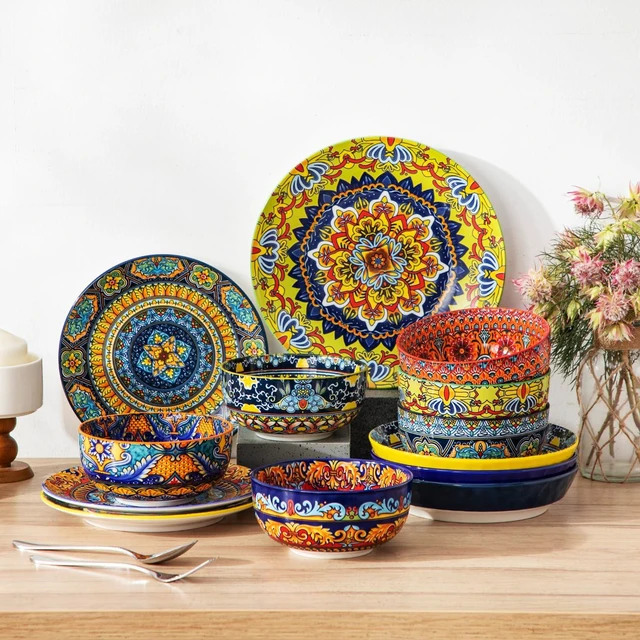 Alt view image 7 of 7 - Cereal Bowls Set of 6, 28oz Porcelain Soup Bowls, Colorful
Bowls for Eating, Bohemian Ceramic Bowls for Salad, Fruit, Pasta, Microwave & Dishwasher Safe Bowls Set, KRVI Series