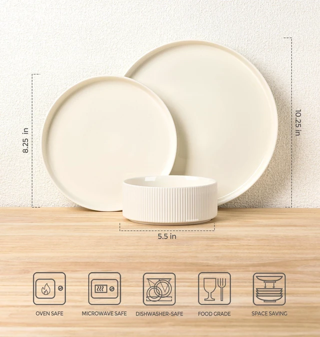 Alt view image 7 of 7 - Ceramic Dinnerware Set for 4, 12-Piece Plates and Bowls Set
Lightweight Porcelain Dish Set, Scratch Resistant, Oven & Microwave & Dishwasher Safe, Beige
