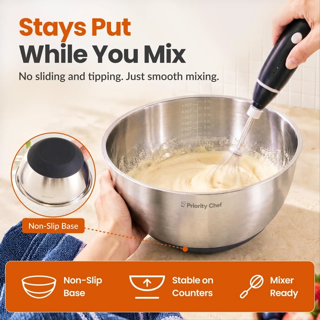 Alt view image 4 of 7 - Mixing Bowls with Airtight Lids Set, Thicker Stainless Steel, Black
1.5-5 Qt Metal Nesting Bowls with Non-Slip Base that are Ideal For Baking, Serving and Storing in the Kitchen