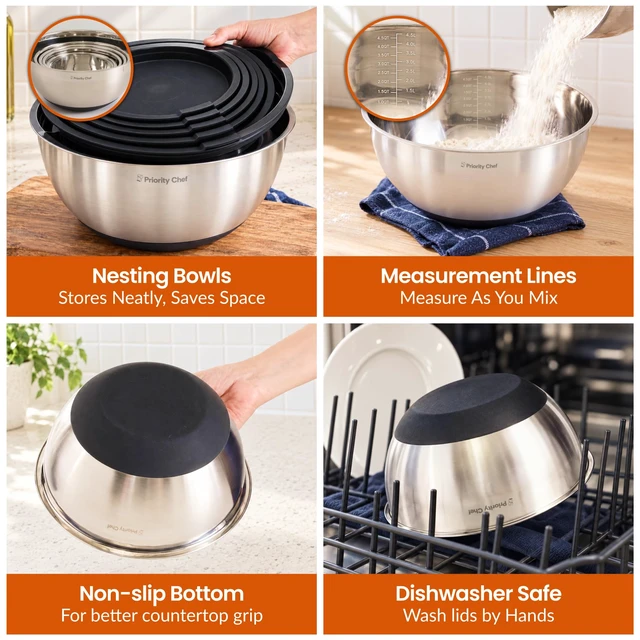 Alt view image 6 of 7 - Mixing Bowls with Airtight Lids Set, Thicker Stainless Steel, Black
1.5-5 Qt Metal Nesting Bowls with Non-Slip Base that are Ideal For Baking, Serving and Storing in the Kitchen