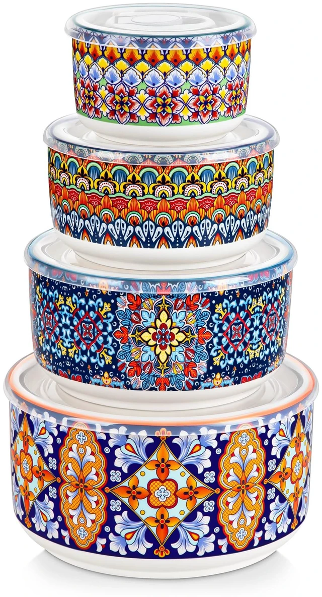 Main image of SIMI Serving Bowls with Lids, Ceramic Mixing Bowls Set of 4, Boho
Nesting Bowls for Food Storage, Prep, Stackable Bohemian Bowls, Dishwasher & Microwave Safe Gift Set, 60/36/20/10 OZ