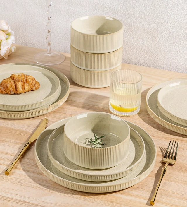 Alt view image 5 of 7 - Ceramic Dinnerware Set for 4, 12-Piece Plates and Bowls Set
Lightweight Porcelain Dish Set, Scratch Resistant, Oven & Microwave & Dishwasher Safe, Cappuccino