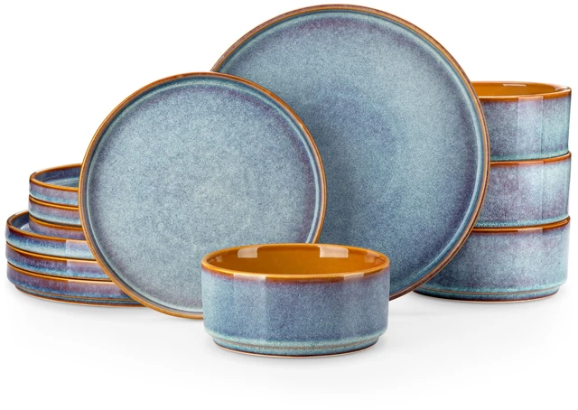 Main image of ONION Ceramic Plates and Bowls Sets for 4, 12 Pieces Stoneware Dinnerware Sets, Reactive Glaze Dishes Set for Kitchen, Dishwasher and Microwave Safe, Blue