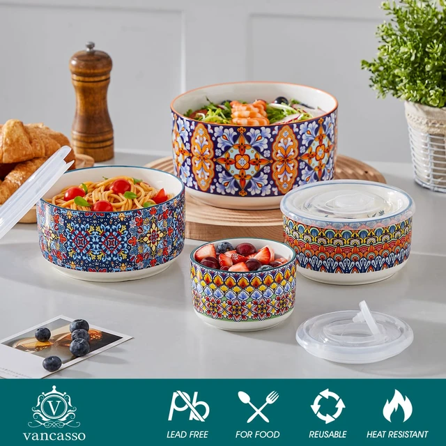 Alt view image 3 of 7 - SIMI Serving Bowls with Lids, Ceramic Mixing Bowls Set of 4, Boho
Nesting Bowls for Food Storage, Prep, Stackable Bohemian Bowls, Dishwasher & Microwave Safe Gift Set, 60/36/20/10 OZ