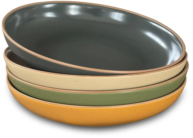 Main image of Ceramic Artisan Matte Large Pasta Bowls 30oz, Set of 4 - Serving, Salad, Dinner, etc Kitchen Plate/Wide Bowl - Microwave, Oven, Dishwasher Safe - Modern Porcelain Stoneware Dishes, Safari Colors