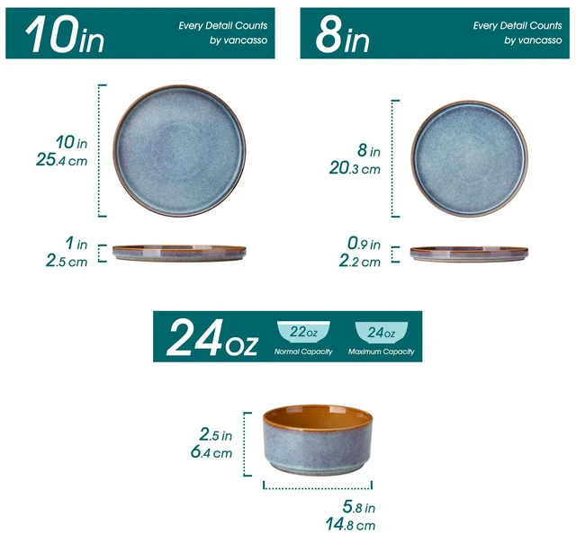 Alt view image 2 of 7 - ONION Ceramic Plates and Bowls Sets for 4, 12 Pieces Stoneware Dinnerware Sets, Reactive Glaze Dishes Set for Kitchen, Dishwasher and Microwave Safe, Blue