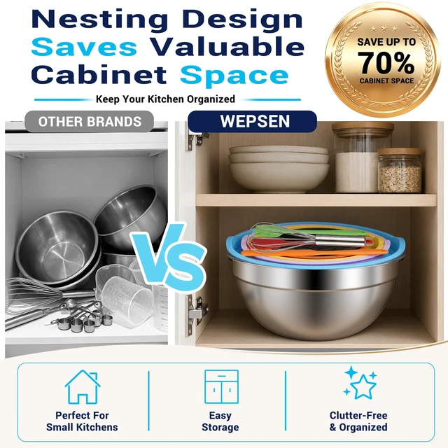 Alt view image 2 of 7 - Mixing Bowls with Lid Set, 25PCS Kitchen Utensils Metal Bowl Stainless Steel Nesting Bowls, Measuring Cups and Spoons, Egg Whisk for Baking Prepping Cooking Serving Supplies