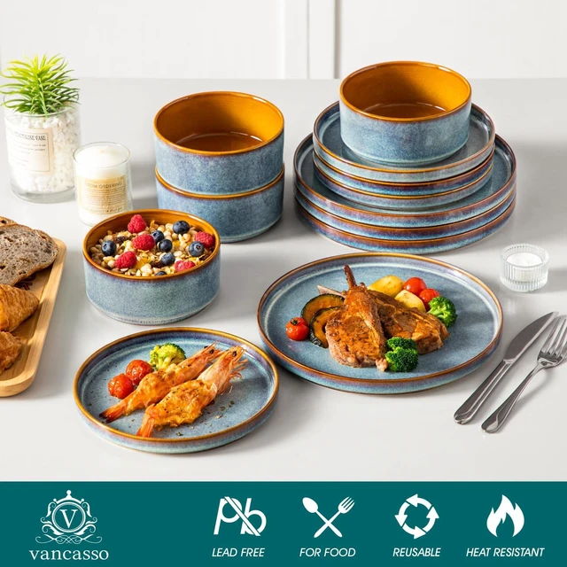 Alt view image 3 of 7 - ONION Ceramic Plates and Bowls Sets for 4, 12 Pieces Stoneware Dinnerware Sets, Reactive Glaze Dishes Set for Kitchen, Dishwasher and Microwave Safe, Blue