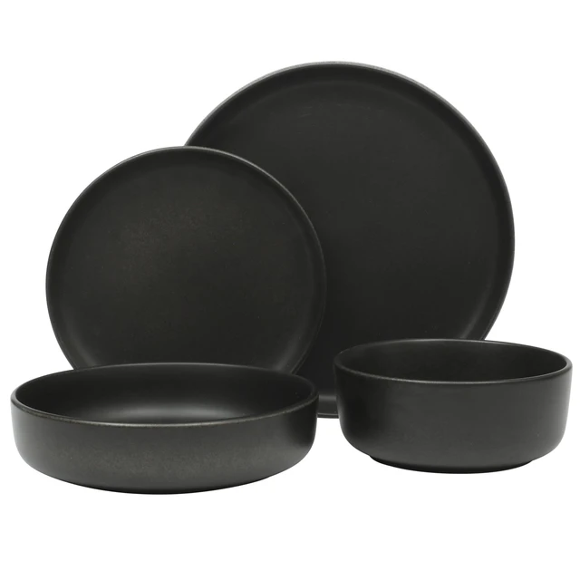 Alt view image 4 of 5 - Pasco 16 Piece (Service for 4) Plates and Bowls Double Bowl Reactive Glaze Dishes Stoneware Ceramic Dinnerware Set - Black