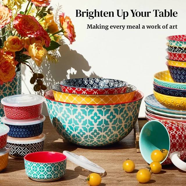 Alt view image 6 of 7 - Mixing Bowls, Ceramic Mixing Bowls for Kitchen, Colorful Vibrant Nesting Bowls for Cooking, Baking, Prepping, Serving, Salad, Housewarming Gift, Microwave Dishwasher Safe, 3.7/2/1 Qt, Set of 3
