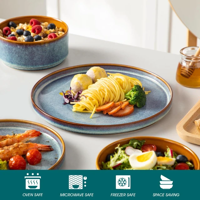 Alt view image 4 of 7 - ONION Ceramic Plates and Bowls Sets for 4, 12 Pieces Stoneware Dinnerware Sets, Reactive Glaze Dishes Set for Kitchen, Dishwasher and Microwave Safe, Blue